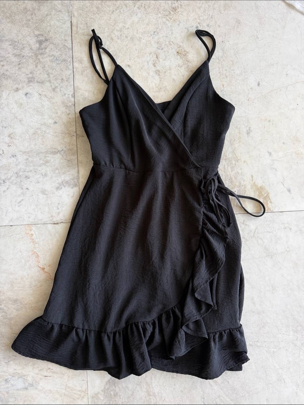 Altar’d State black Anabella spaghetti strap side tie ruffled mini wrap dress
